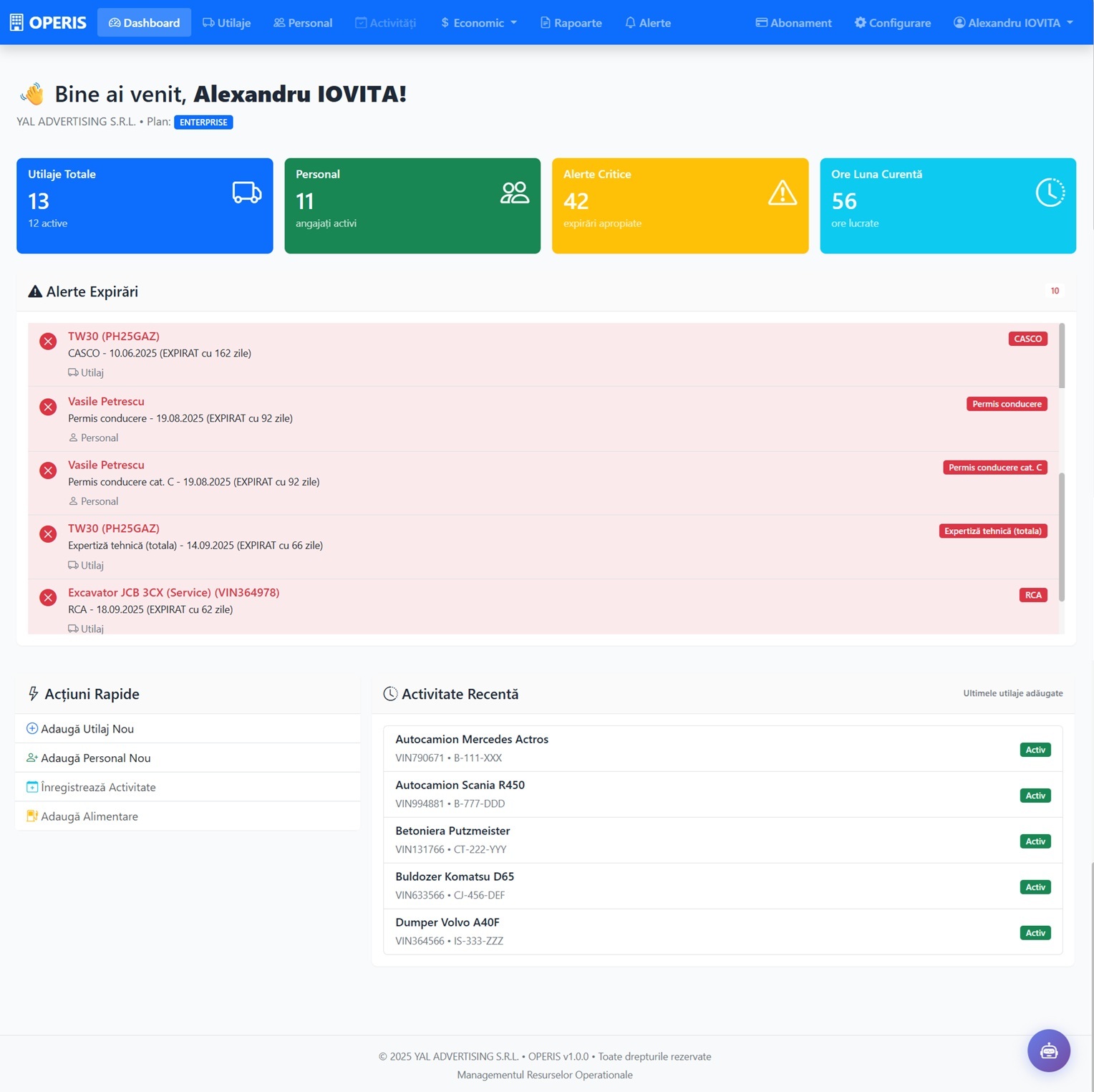 Dashboard OPERIS cu indicatori, alerte si activitati recente