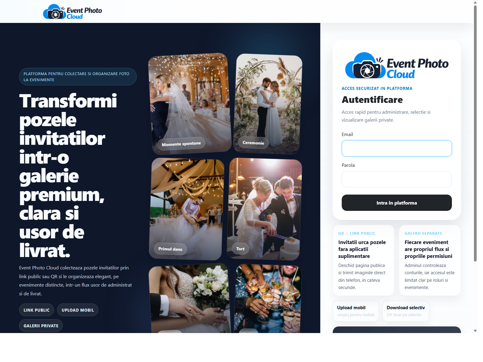Ecran de autentificare Events Photo Cloud si prezentare galerie eveniment