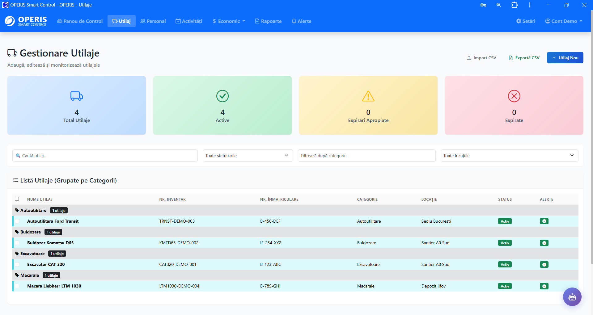 Tabul Utilaje din OPERIS cu filtre, indicatori si lista utilajelor grupata pe categorii